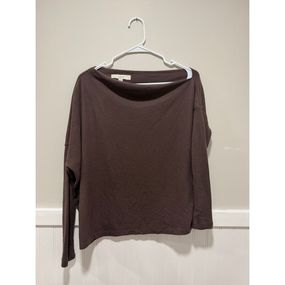 Loft‎ Asymmetrical Long Sleeve Top Ribbed Sleeves Fall Brown Women Size Medium